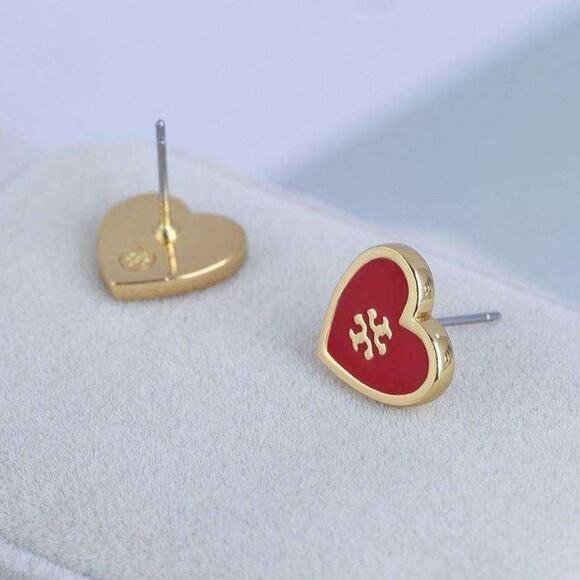NWOT Tory Burch Gold Logo, Red Enamel Heart Stud Earrings - Picture 2 of 7